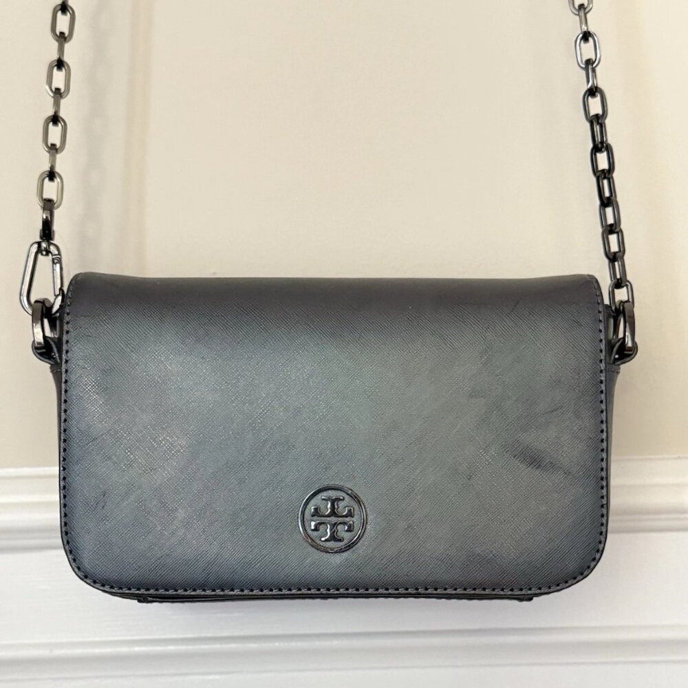Tory Burch Gray Leather Crossbody Bag — Small Chain-Strap Flap Purse